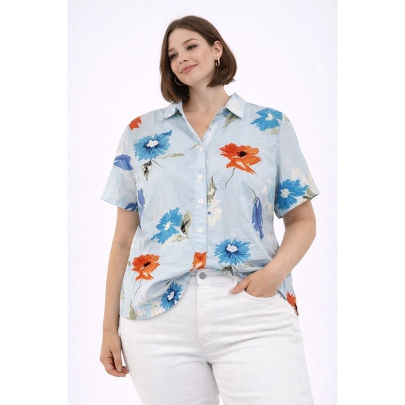 Karen Scott Tops - Karen Scott Button Down Shirt Womens PM Blue Floral Short Sleeve Cotton Tropical